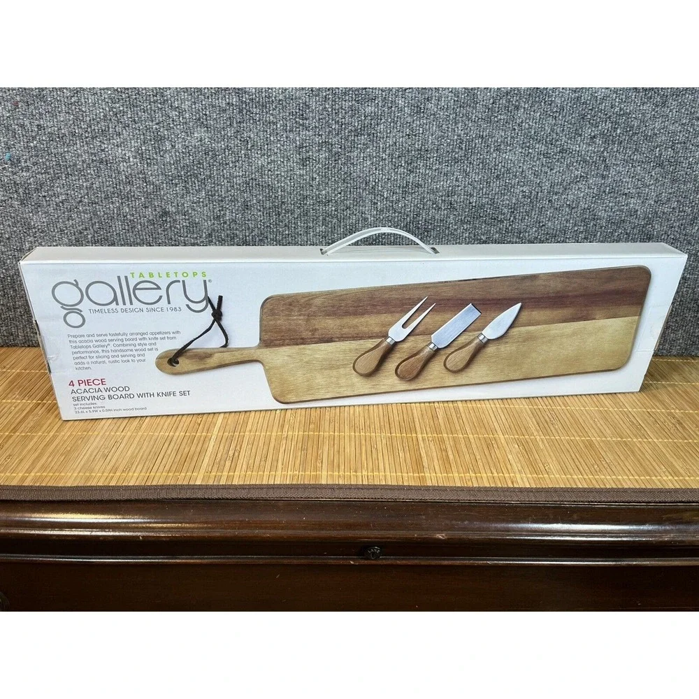 Tabletops Gallery Acacia Wood Serving Board with 3 Cheese Knives 4 Piece Set NEW